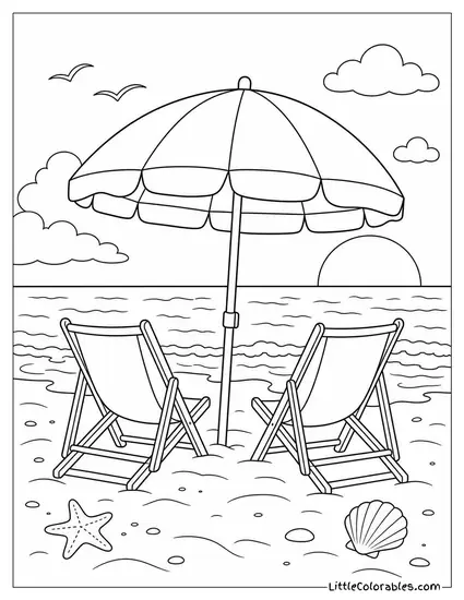 A Beach Umbrella and Two Empty Chairs on the Sand Coloring Page