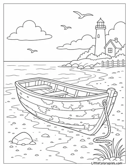 A Beached Dinghy With Peeling Paint on Wet Sand Coloring Page