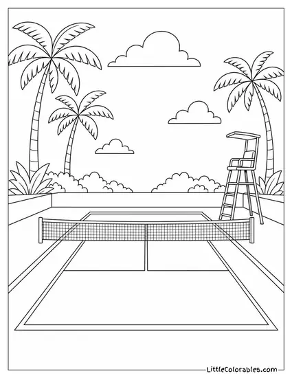 A Blue Tennis Court With Palm Trees and a Referee Chair Coloring Page