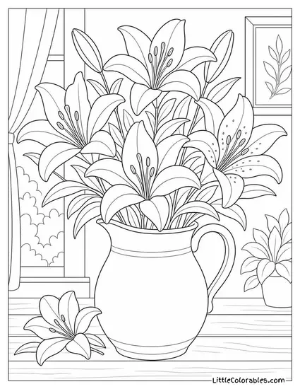 A Bouquet of Mixed Lilies in a Wide Ceramic Jug Coloring Page
