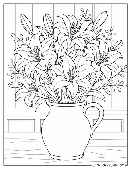 A Bouquet of Mixed Lilies in a Wide Mouthed Ceramic Jug Coloring Page
