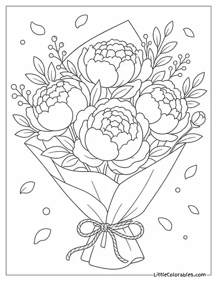 A Bouquet of Peonies Wrapped in Brown Paper and Twine Coloring Page
