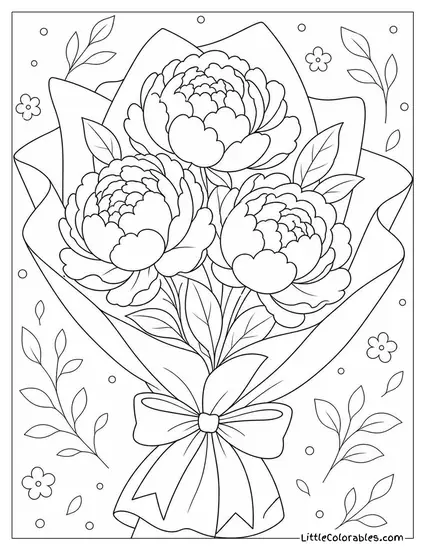 A Bouquet of Three Peonies Wrapped in Soft Tissue Paper Coloring Page