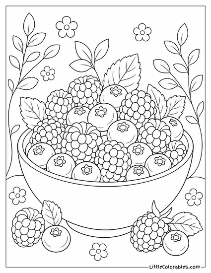 A Bowl of Mixed Berries Blueberries Raspberries and Blackberries Coloring Page