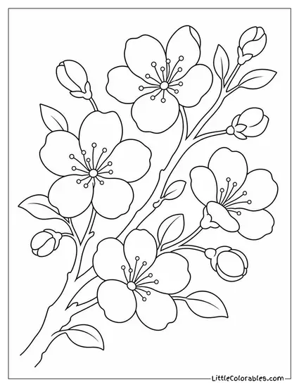 A Branch with Blooms Buds and a Few Small Leaves Coloring Page