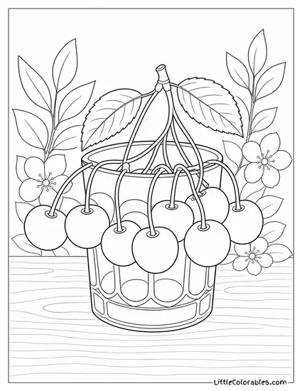 A Bunch of Cherries Draped Over the Rim of a Small Glass Coloring Page