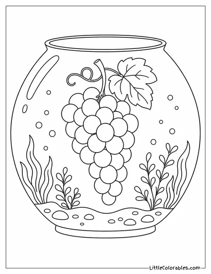 A Bunch of Grapes Floating Inside a Large Clear Fishbowl Coloring Page