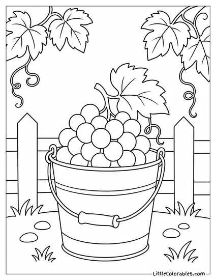A Bunch of Grapes Resting Inside a Small Tin Pail with a Wire Handle Coloring Page