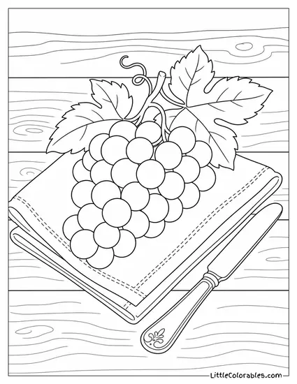 A Bunch of Grapes Resting on a Folded Linen Napkin Beside a Plate Coloring Page