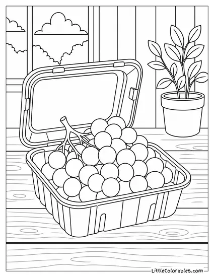 A Bunch of Grapes Sitting Inside an Open Clamshell on a Wooden Surface Coloring Page