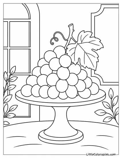 A Bunch of Grapes Sitting on a Small Round Cake Stand with a Pedestal Coloring Page