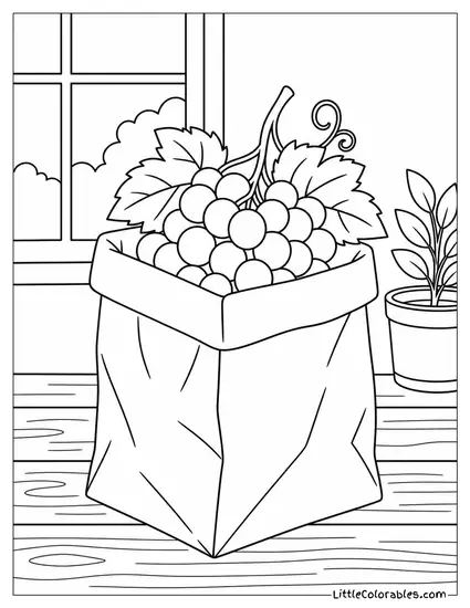 A Bunch of Grapes Tucked Inside a Brown Paper Grocery Bag Coloring Page