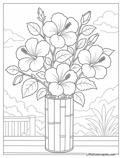 A Bunch of Hibiscus Cuttings in a Tall Bamboo Vase Coloring Page