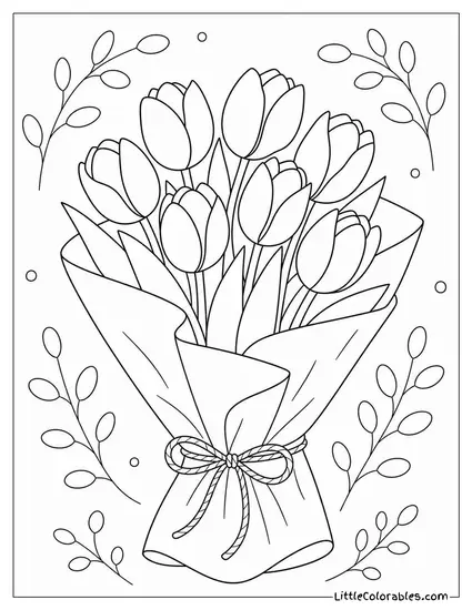 A Bunch of Tulips Wrapped in Newspaper and Tied with String Coloring Page