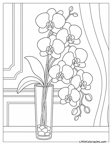 A Cascading Orchid Spray in a Tall Narrow Glass Vase Coloring Page