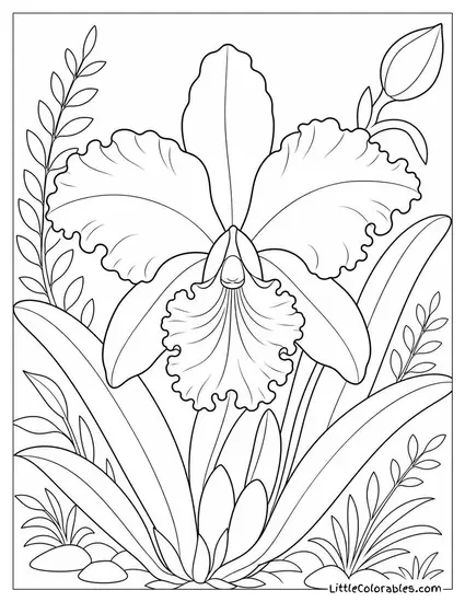 A Cattleya Orchid with Ruffled Lip Petal in Detail Coloring Page