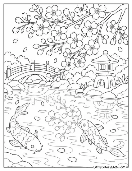 A Cherry Blossom Branch Reflected in a Garden Koi Pond Coloring Page