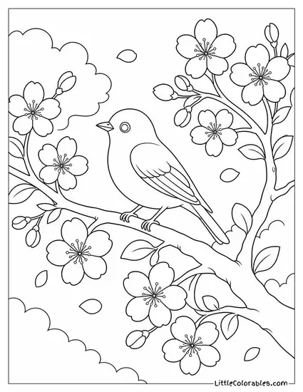 A Cherry Blossom Branch with a Small Bird Perched on It Coloring Page