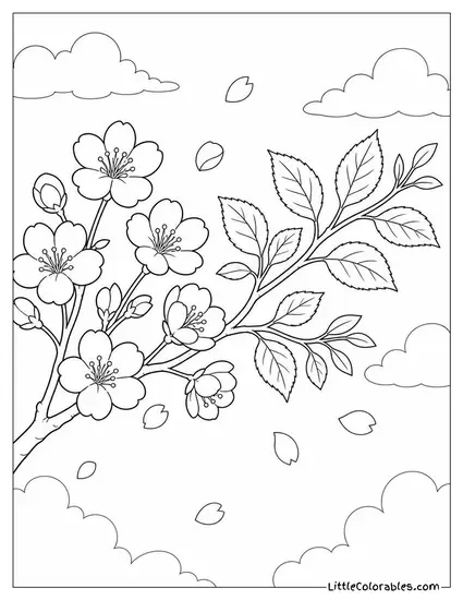 A Cherry Blossom Branch with Blossoms Transitioning to Green Leaves Coloring Page