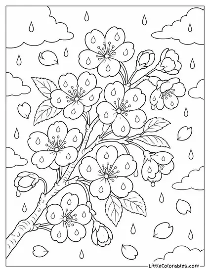 A Cherry Blossom Branch with Rain Drops on Every Petal Coloring Page