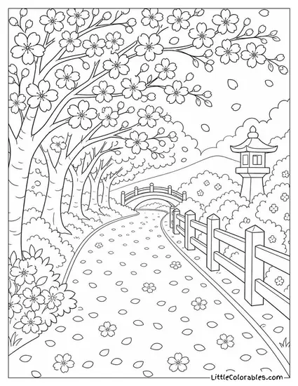 A Cherry Blossom Lined Path with Petals on the Ground Coloring Page