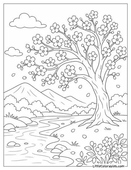 A Cherry Blossom Tree in a Minimalist Landscape Coloring Page