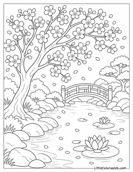 A Cherry Blossom Tree in Full Bloom Beside a Still Pond Coloring Page