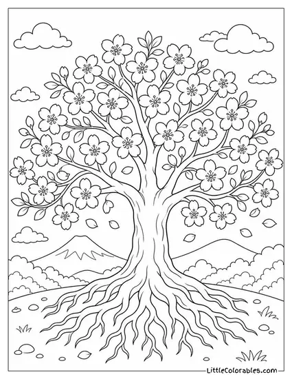 A Cherry Blossom Tree with Roots Visible Above the Ground Coloring Page