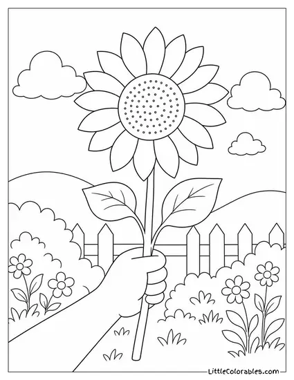 A Child's Hand Holding a Single Sunflower Stem Coloring Page