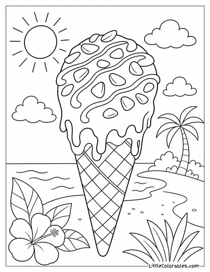 A Chocolate Covered Cone With Almond Flakes and Caramel Drizzle Coloring Page