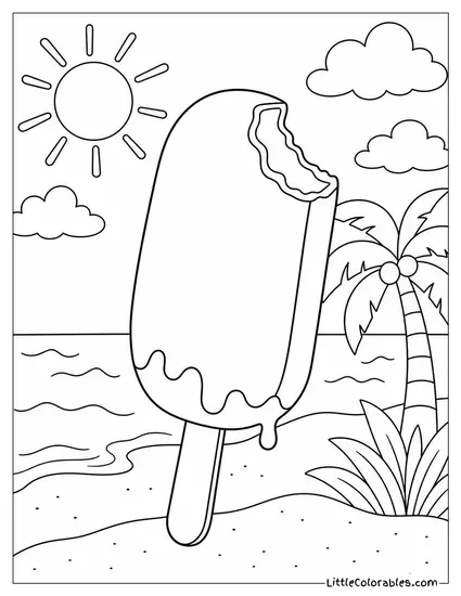 A Chocolate Dipped Vanilla Bar on a Stick With One Bite Taken Coloring Page