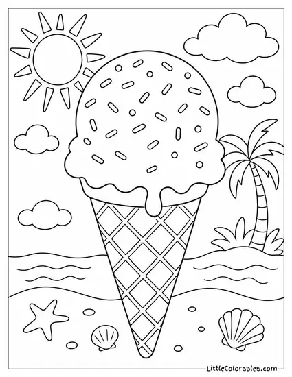 A Chocolate Ice Cream Scoop in a Waffle Cone With Sprinkles Coloring Page