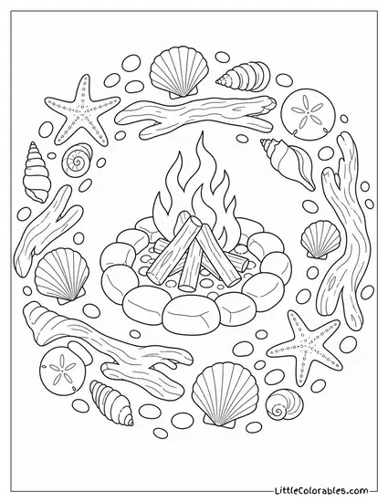 A Circle of Shells and Driftwood Around a Cold Fire Pit Coloring Page