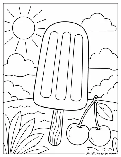A Classic Red Cherry Popsicle With a Wooden Stick Coloring Page