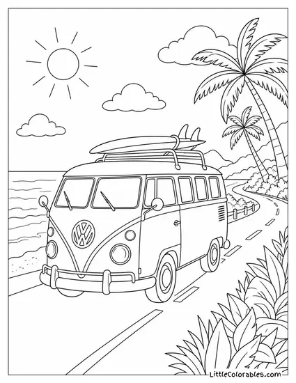 A Classic Vw Van Driving Along a Beach Road Coloring Page