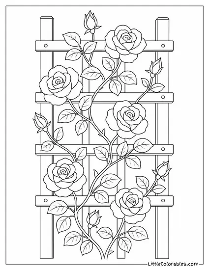 A Climbing Rose Winding Up a Plain Wooden Trellis Coloring Page