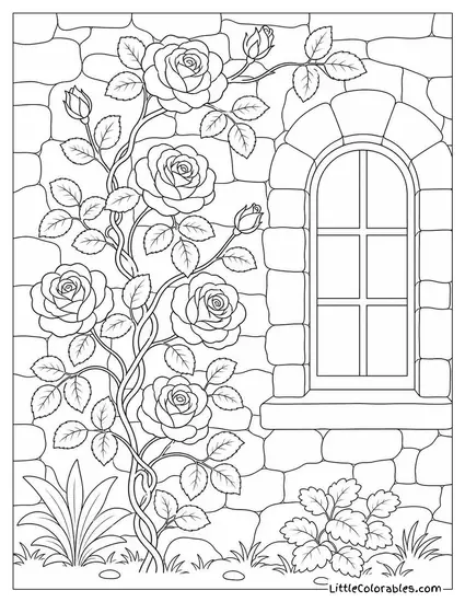 A Climbing Rose Winding up a Stone Wall Coloring Page
