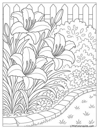A Cluster of Day Lilies Along a Garden Border Coloring Page