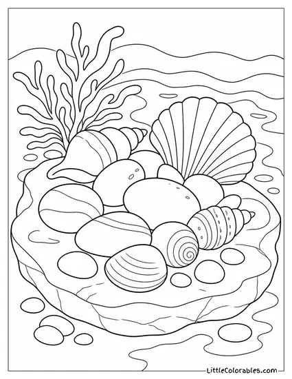 A Cluster of Smooth Pebbles and Shells on a Flat Rock Coloring Page
