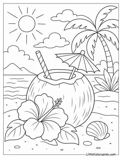A Coconut Drink With a Hibiscus Flower and Paper Umbrella Coloring Page