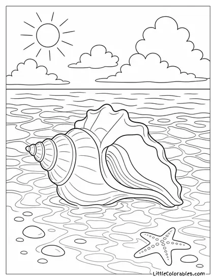 A Conch Shell Resting in Shallow Sparkling Water Coloring Page