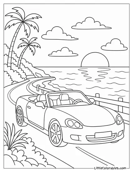 A Convertible Car on a Coastal Road at Sunset Coloring Page