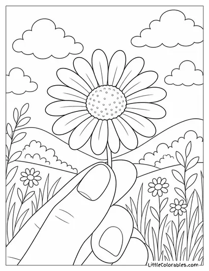 A Daisy Being Held Between Two Fingers Close Up Coloring Page