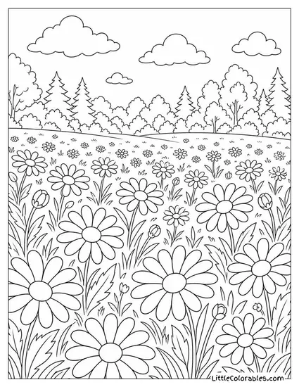 A Daisy Meadow Stretching to a Distant Treeline Coloring Page
