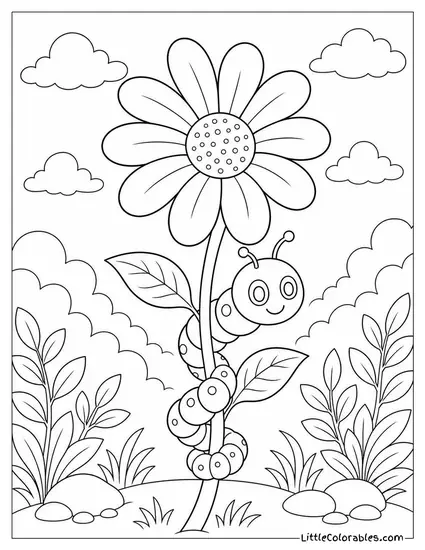 A Daisy with a Caterpillar Curled Around its Stem Coloring Page