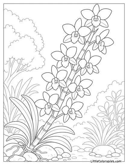A Dendrobium Orchid with Blooms Along the Full Length of a Cane Coloring Page