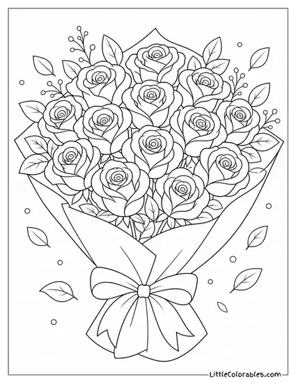 A Dozen Roses Wrapped in Kraft Paper and Tied with Ribbon Coloring Page