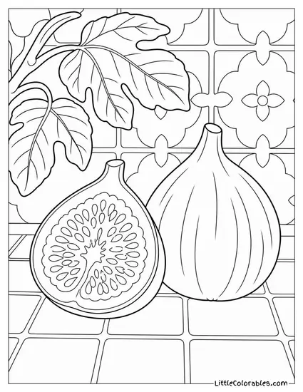 A Fig Sliced in Half Beside a Whole Fig on a Tile Coloring Page