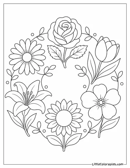 A Flat Lay of Six Different Flowers Arranged in a Circle Coloring Page