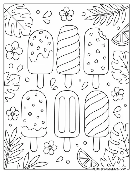 A Flat Lay of Six Ice Cream Bars in Different Flavors Coloring Page